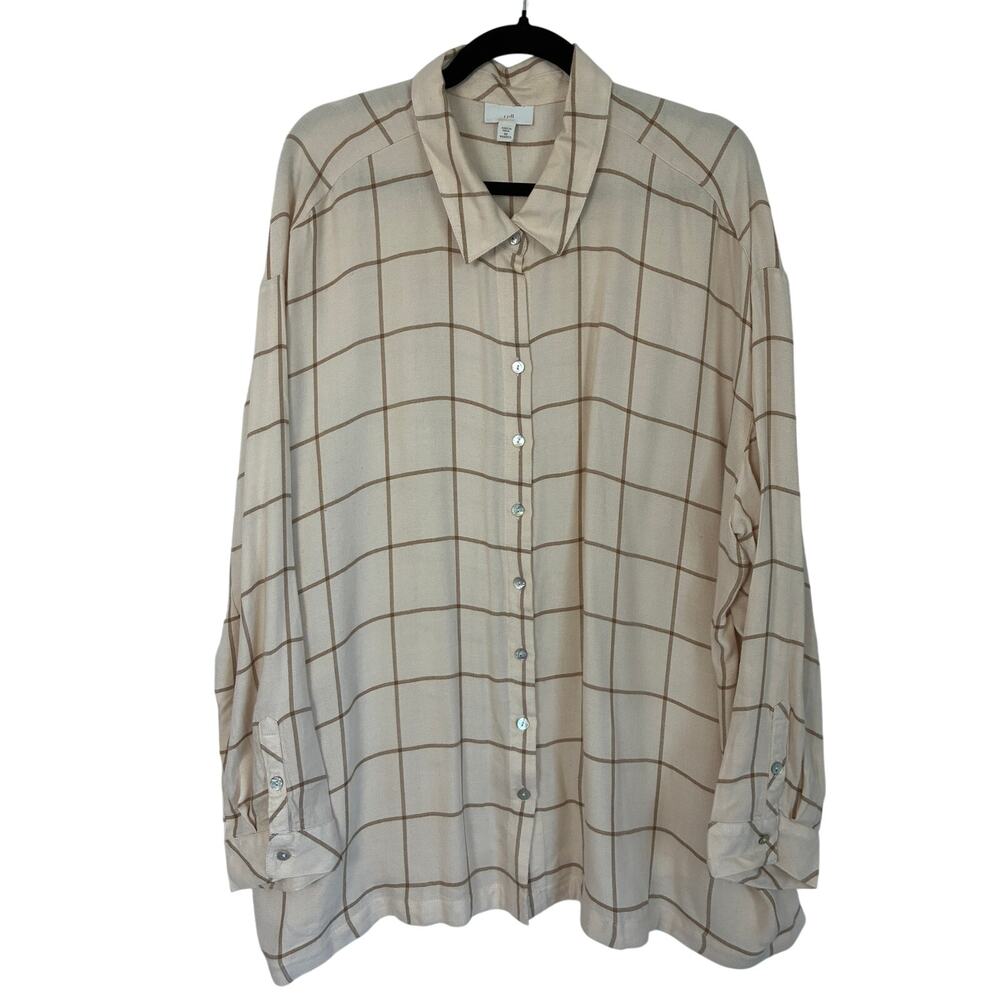 J. Jill Button Up Tunic Shirt Womens 3X Tan Plaid 3/4 Sleeve Lightweight Classic
